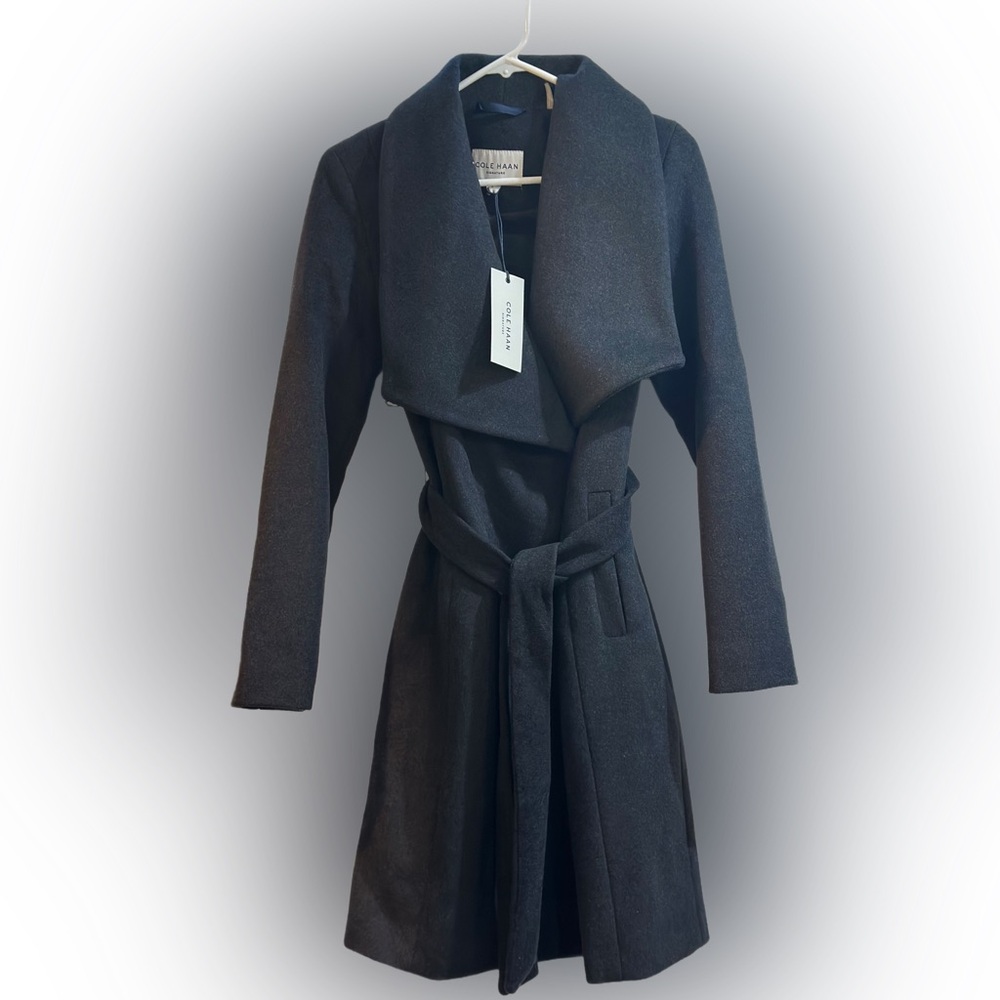 NEW COLE HAAN Heavy Signature Slick Wool Blend Wrap Pea Coat Size 4 NWT